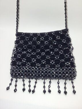 Y2K Black Satin Beaded Bag shoulder strap Snap Vintage